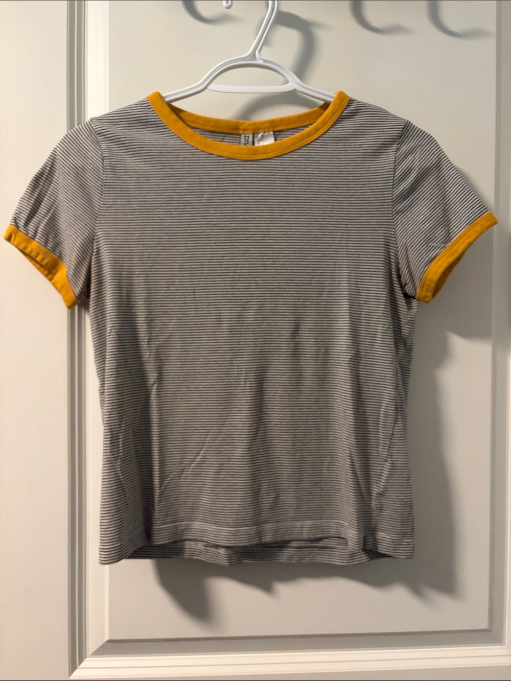 Divided Gray & White Striped Tee with Yellow Trim - Short Sleeve